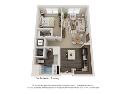Floor plan for 1 bed, 1 bath, 767 sqft
